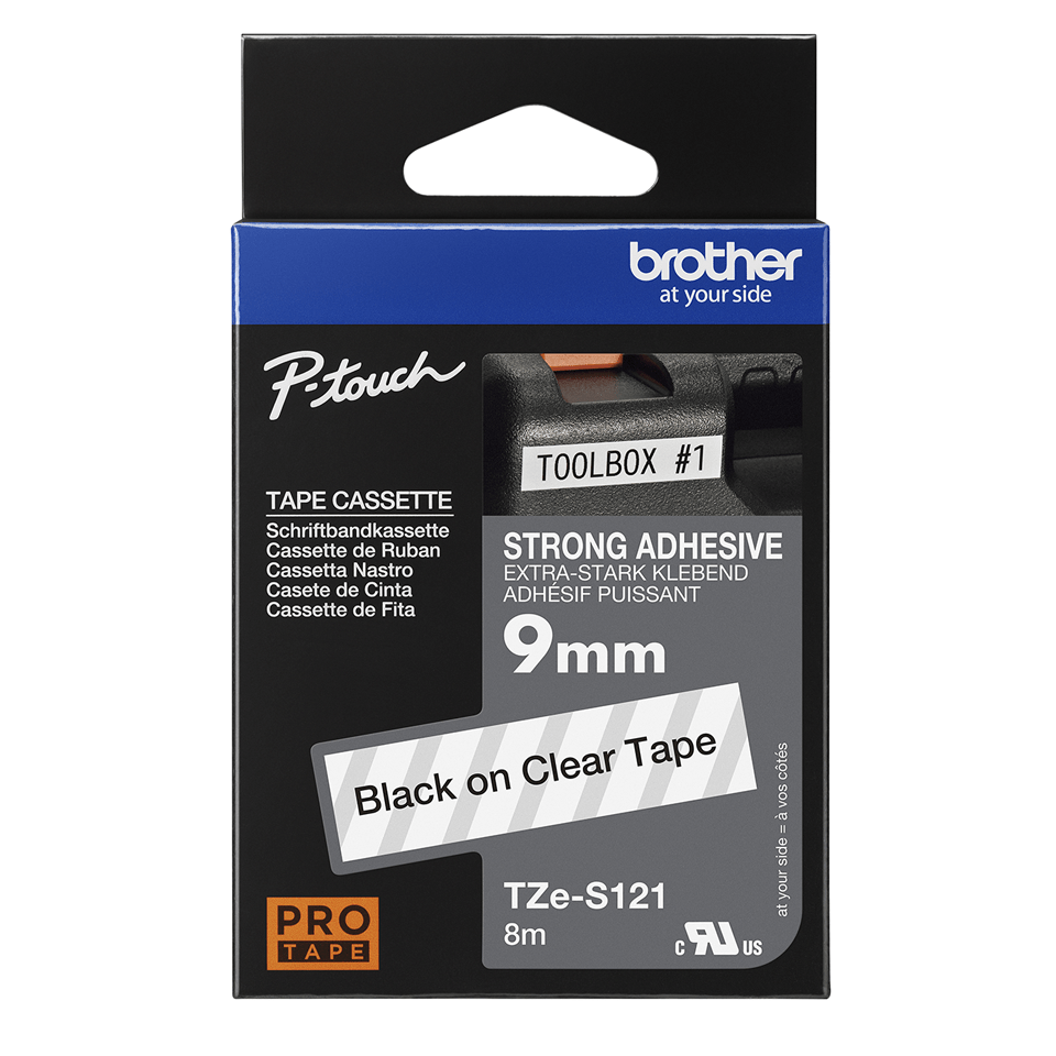Casetă cu bandă de etichete originală Brother TZe-S121 – negru pe transparent, lățime de 9 mm 3